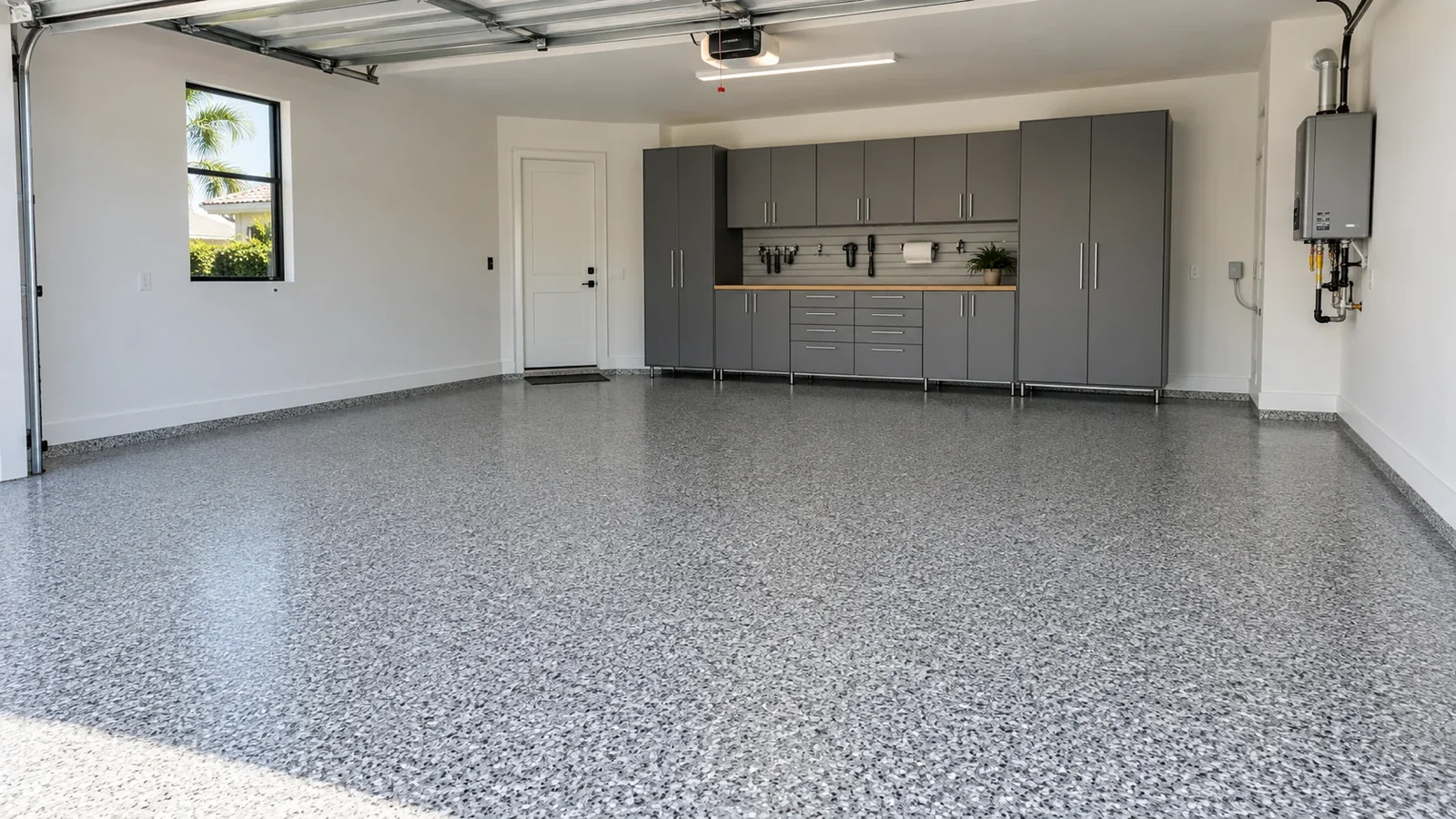 Finished residential garage with a decorative flake floor and coordinated cabinets