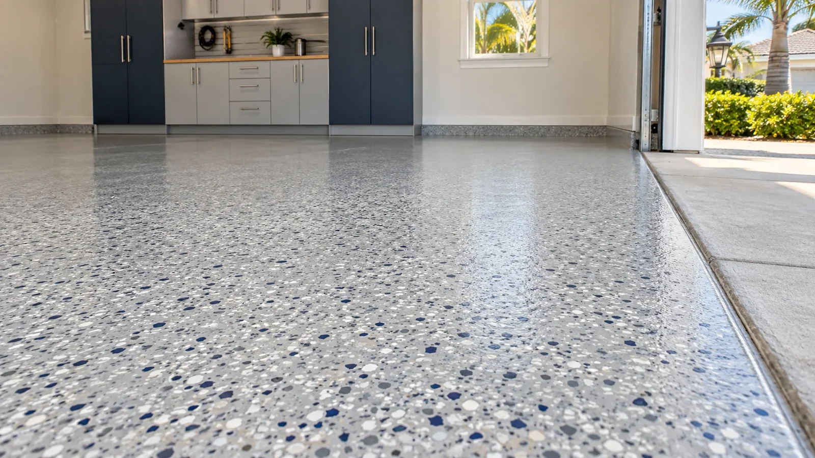 Close view of decorative flake flooring and a carefully finished garage threshold
