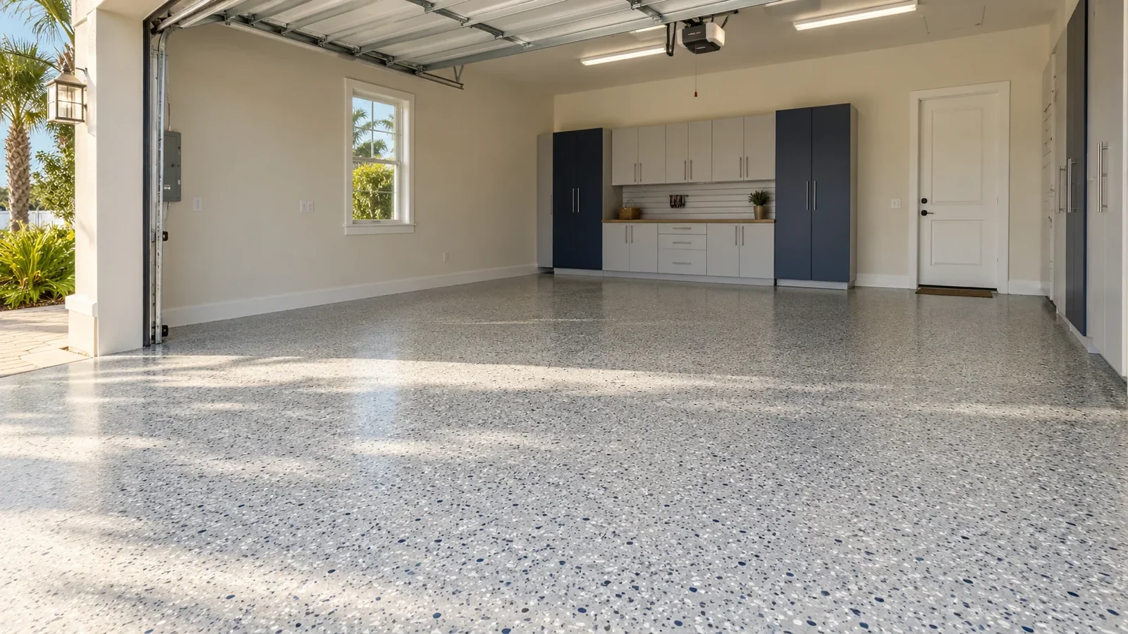 Finished residential garage with a decorative flake floor and coordinated cabinets