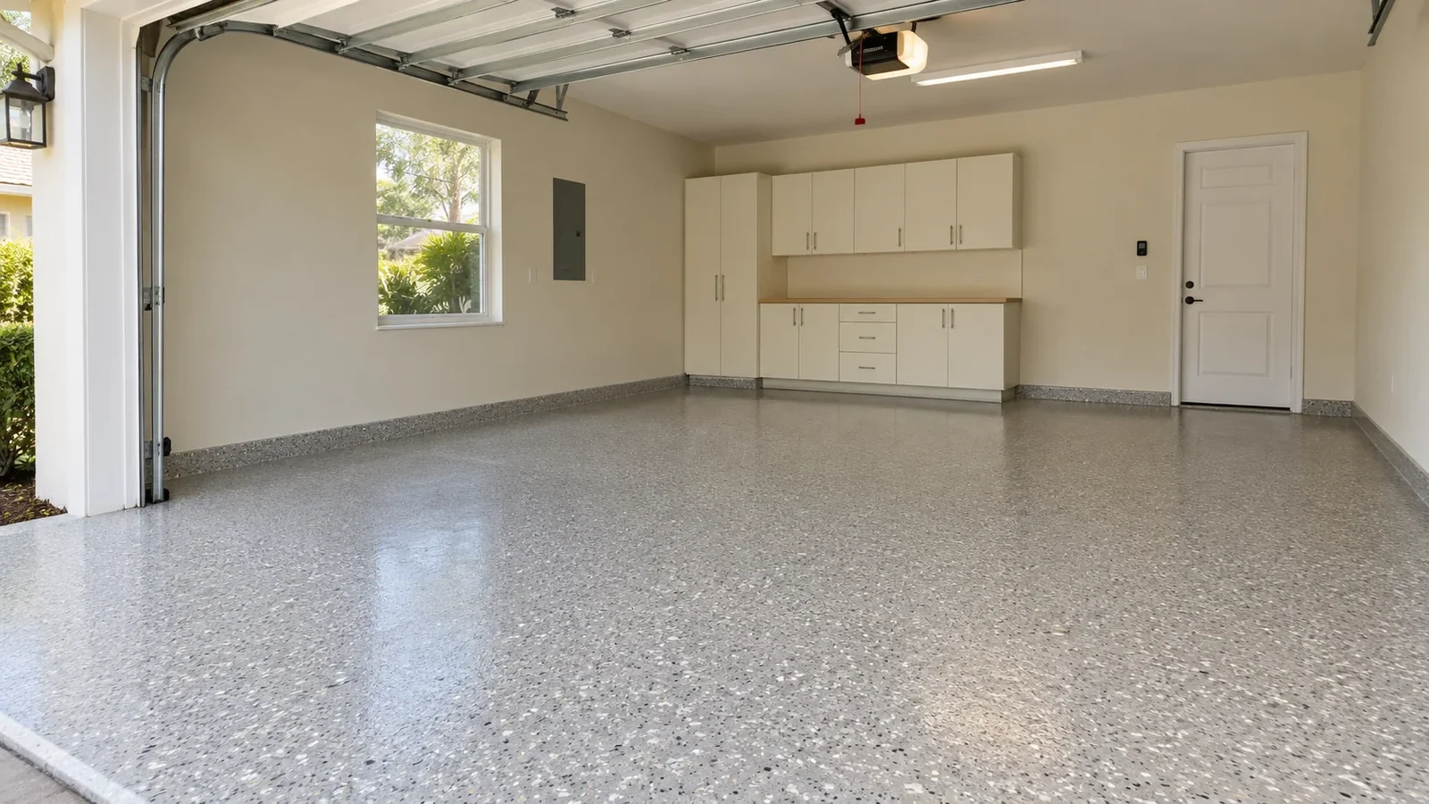 Finished residential garage with a decorative flake floor and coordinated cabinets