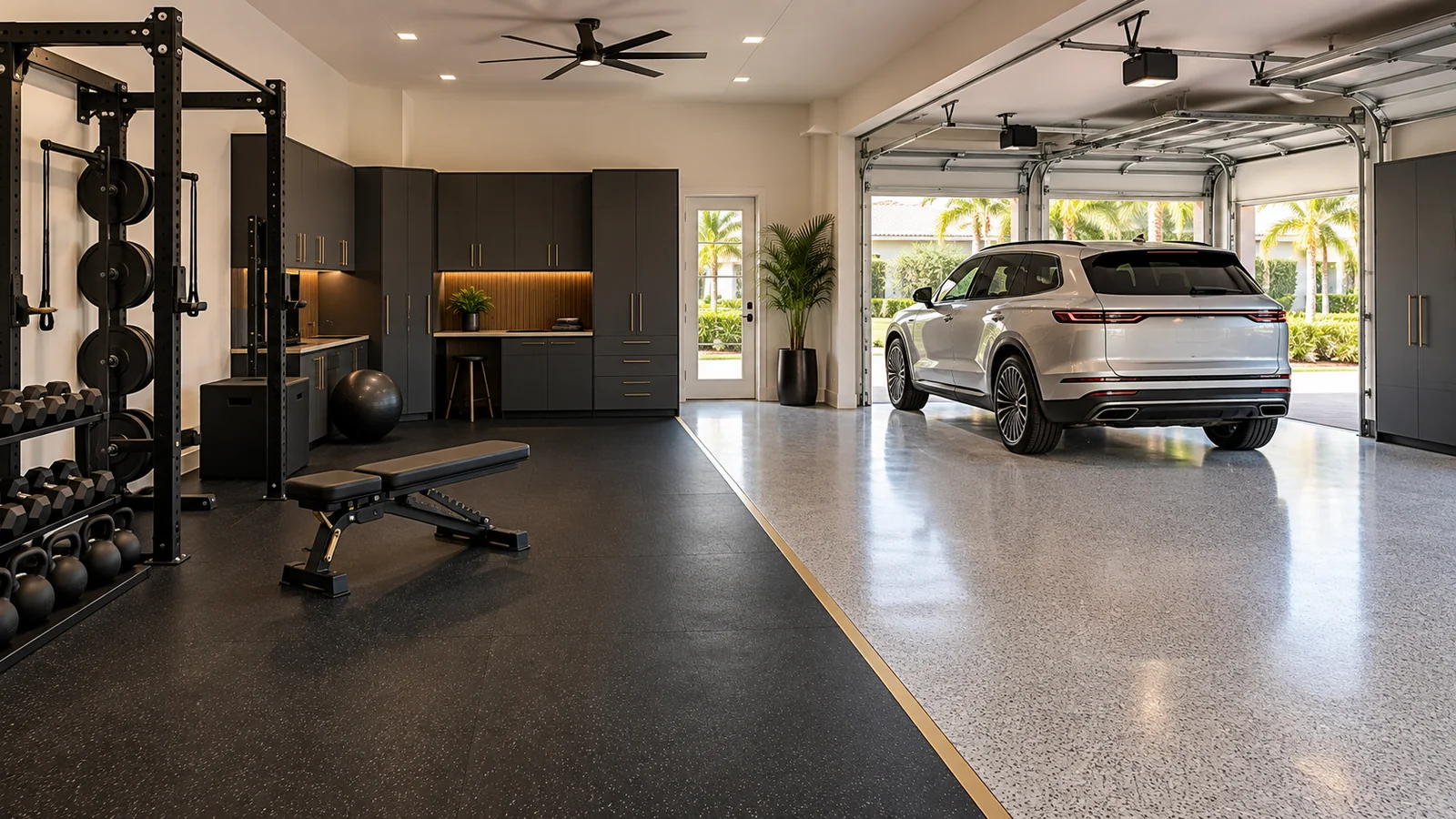 Shared garage with a rubber-floored training area beside a separate vehicle parking bay