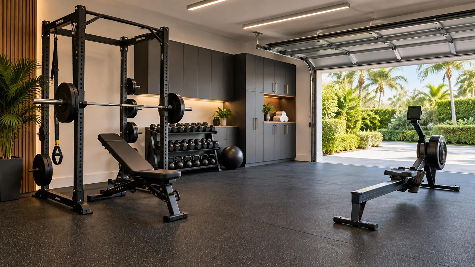 Dedicated garage gym with black rubber flooring, a strength rack, bench and charcoal storage
