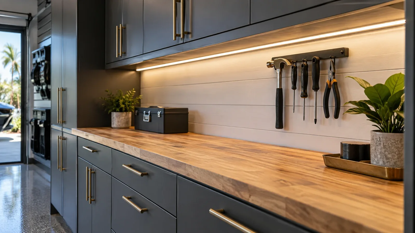 Under-cabinet task lighting over an organized garage workbench