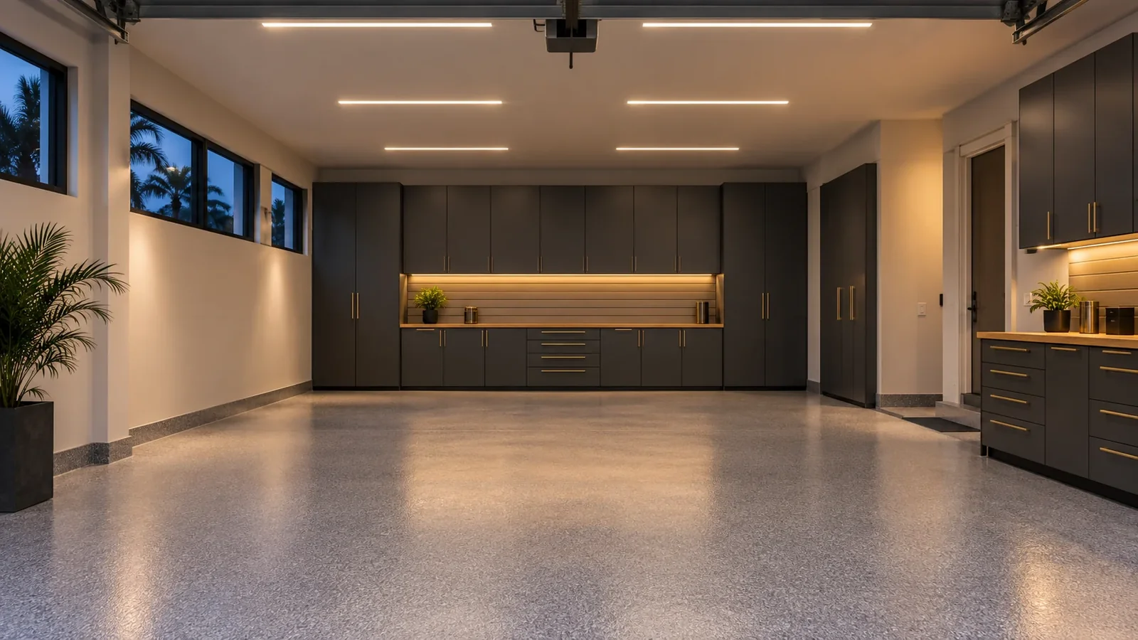 Finished garage illuminated by slim linear ceiling lights and soft workbench lighting