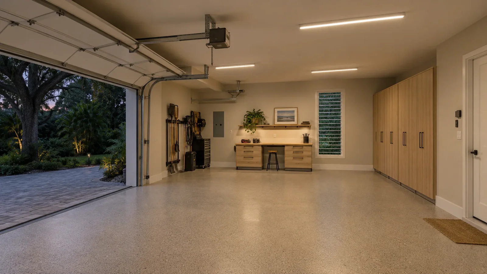 Garage with linear overhead lights and a defined work area