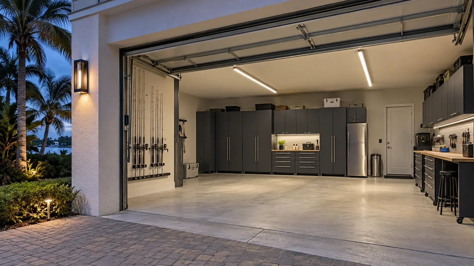 Garage with linear overhead lights and a defined work area
