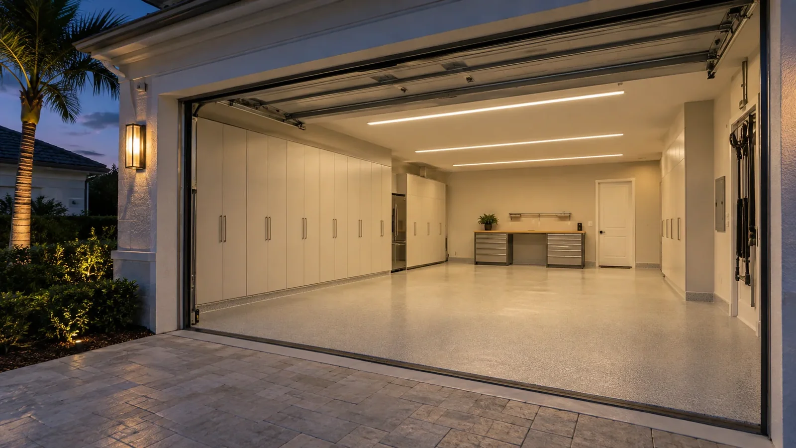 Garage with linear overhead lights and a defined work area