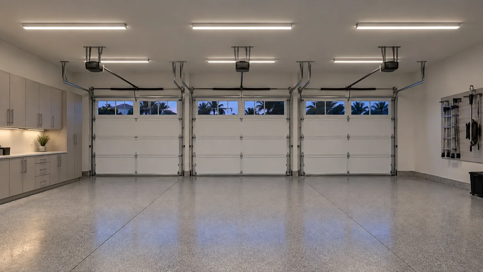 Garage with linear overhead lights and a defined work area