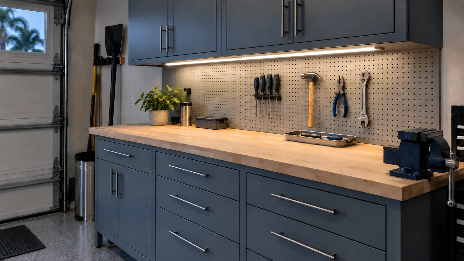 Dedicated task lighting illuminating a garage workbench