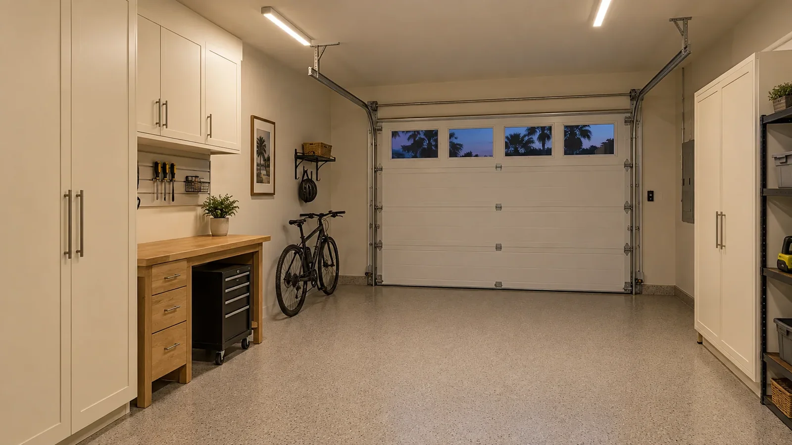Garage with linear overhead lights and a defined work area