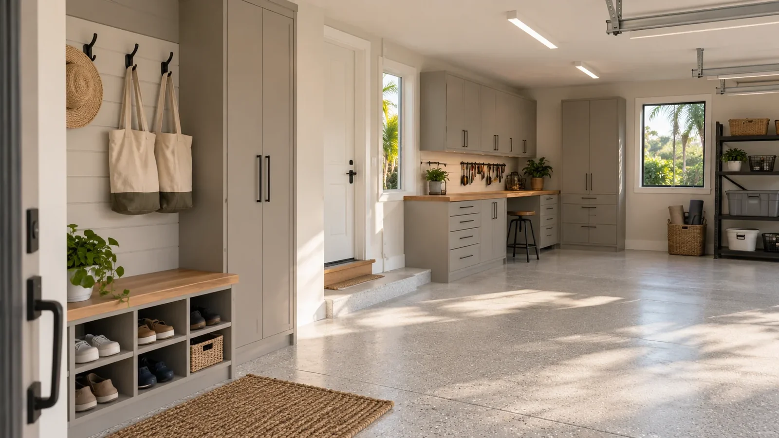 Coastal garage with light flooring, warm gray cabinetry and an uncluttered entrance
