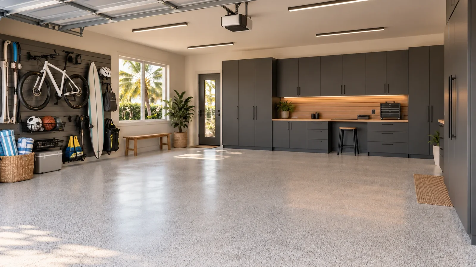 Complete garage makeover with a decorative flake floor, charcoal cabinets and organized work areas