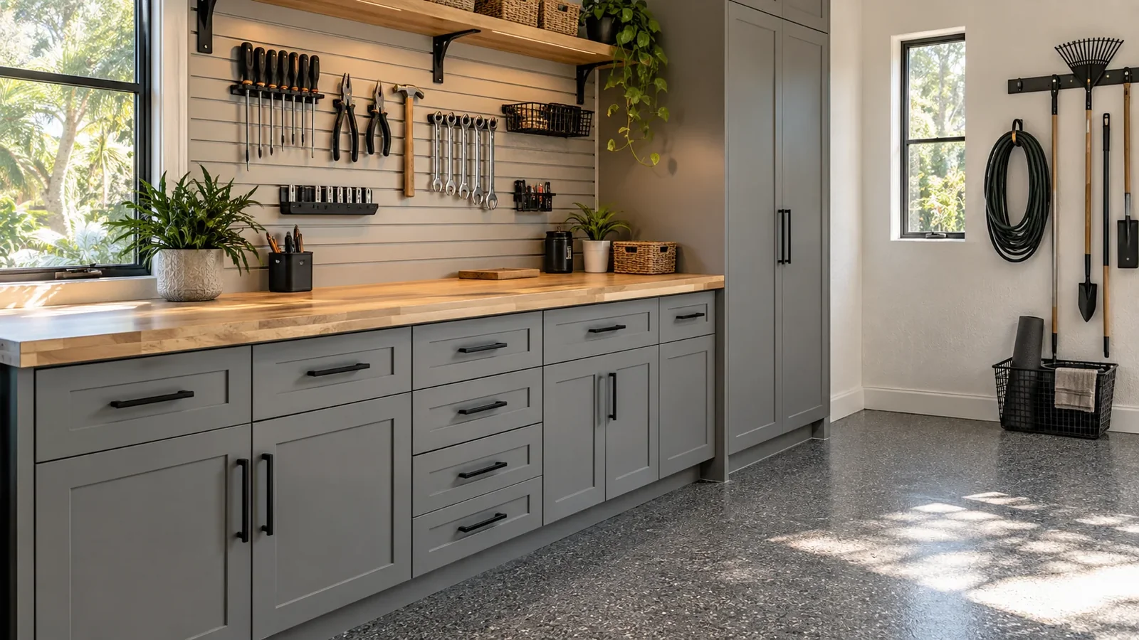 Closer view of a coordinated garage workbench and storage zone