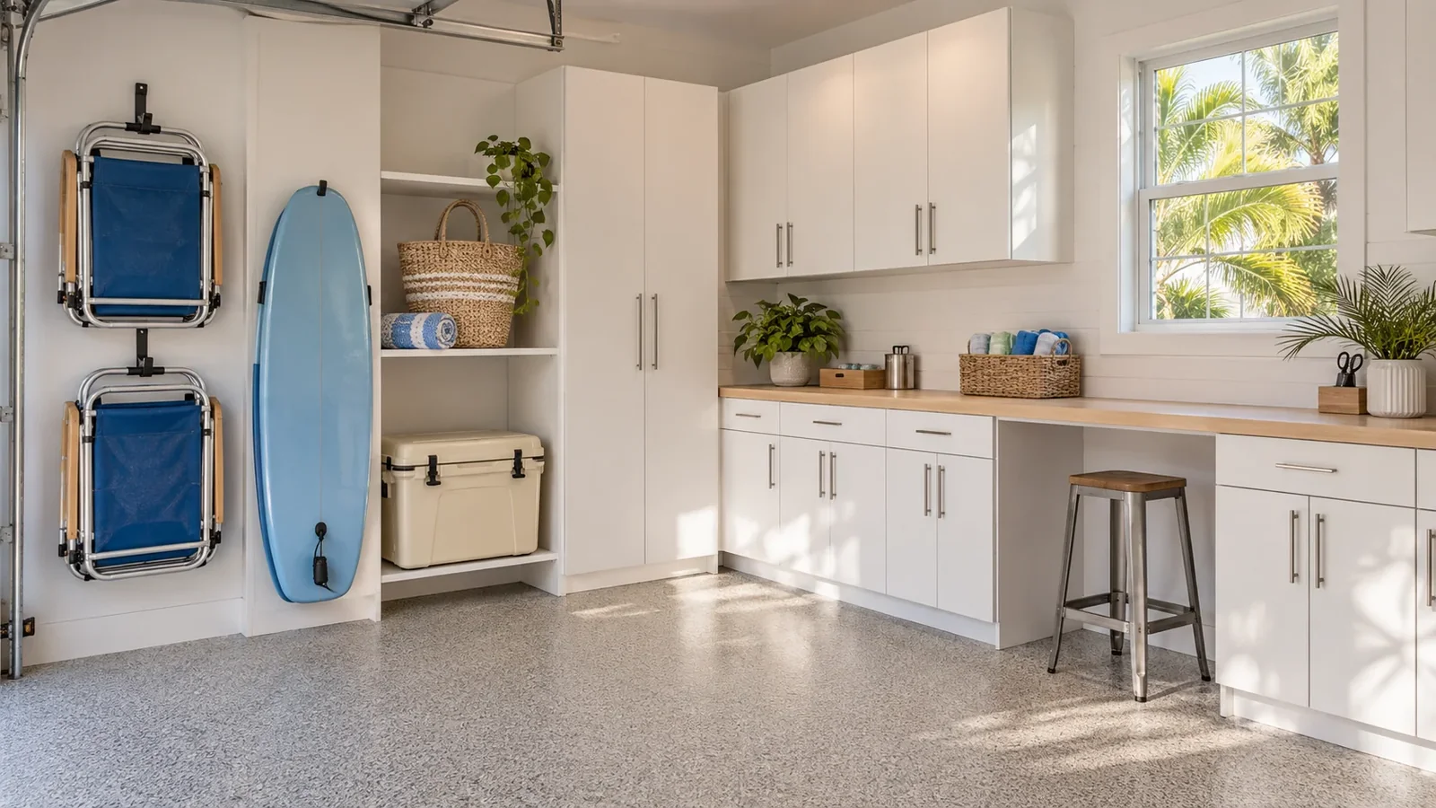 Closer view of a coordinated garage workbench and storage zone