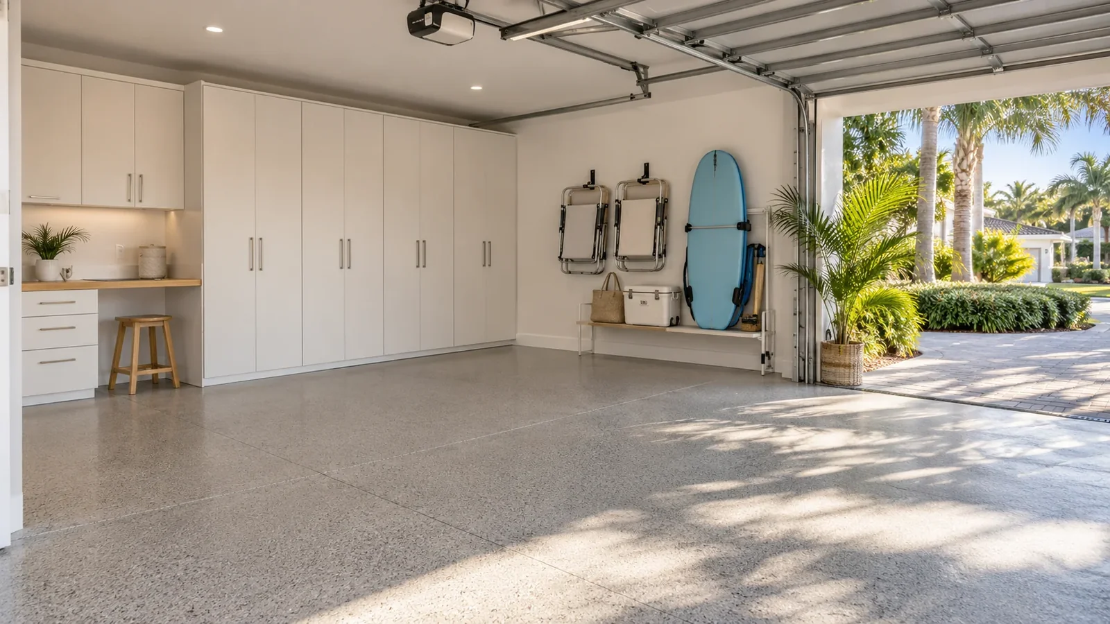 Finished garage combining a flake floor, cabinets, gear storage and work area