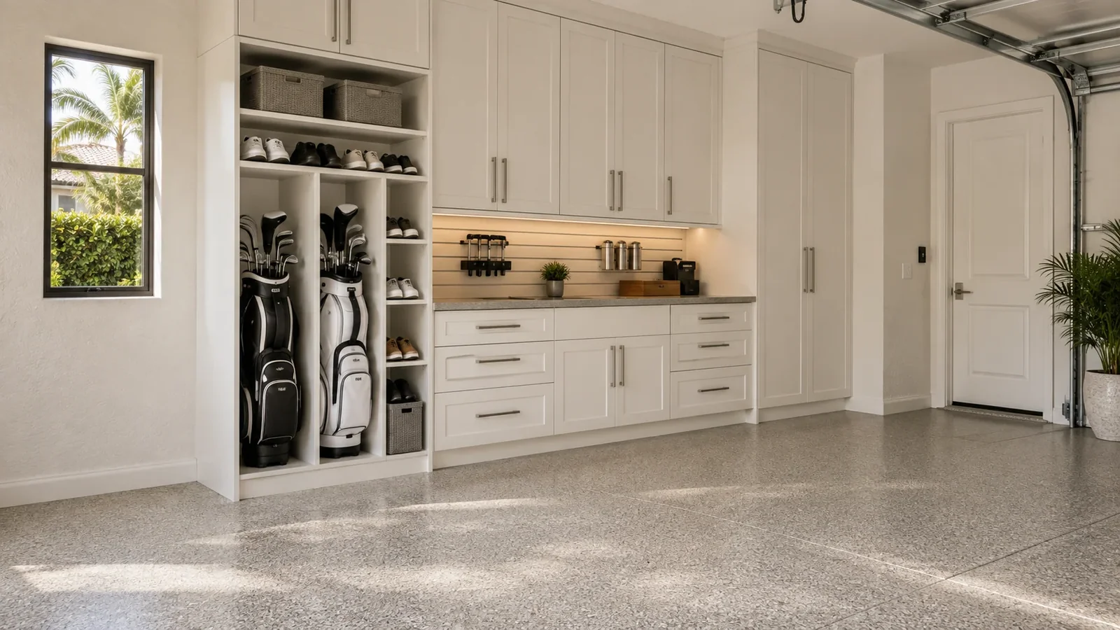 Closer view of a coordinated garage workbench and storage zone