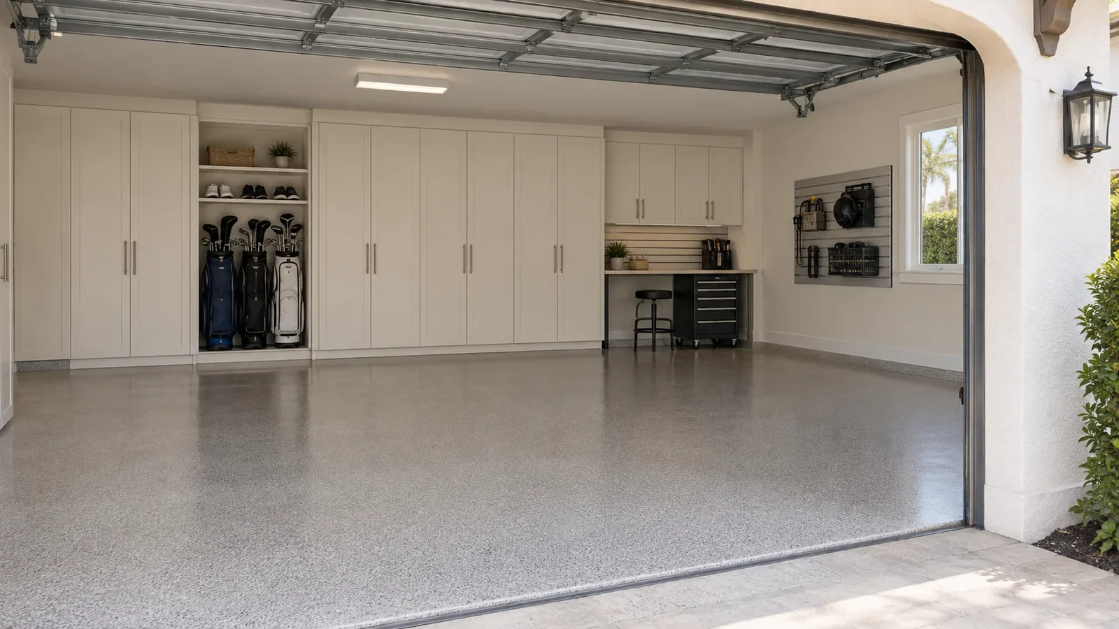 Finished garage combining a flake floor, cabinets, gear storage and work area