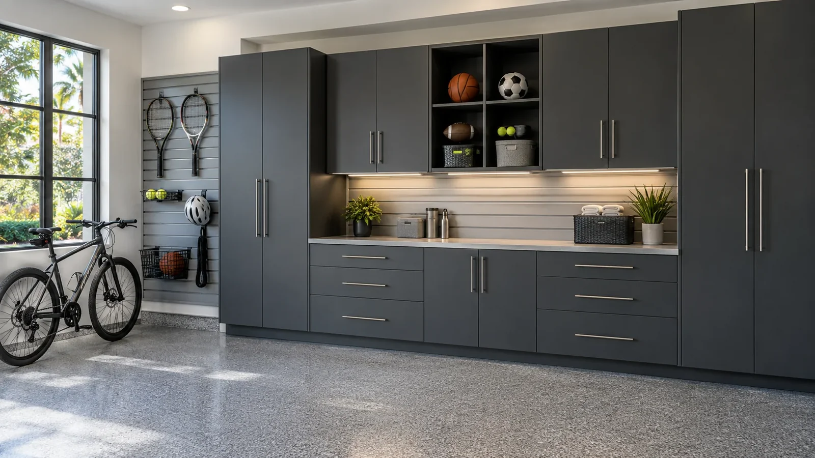Closer view of a coordinated garage workbench and storage zone
