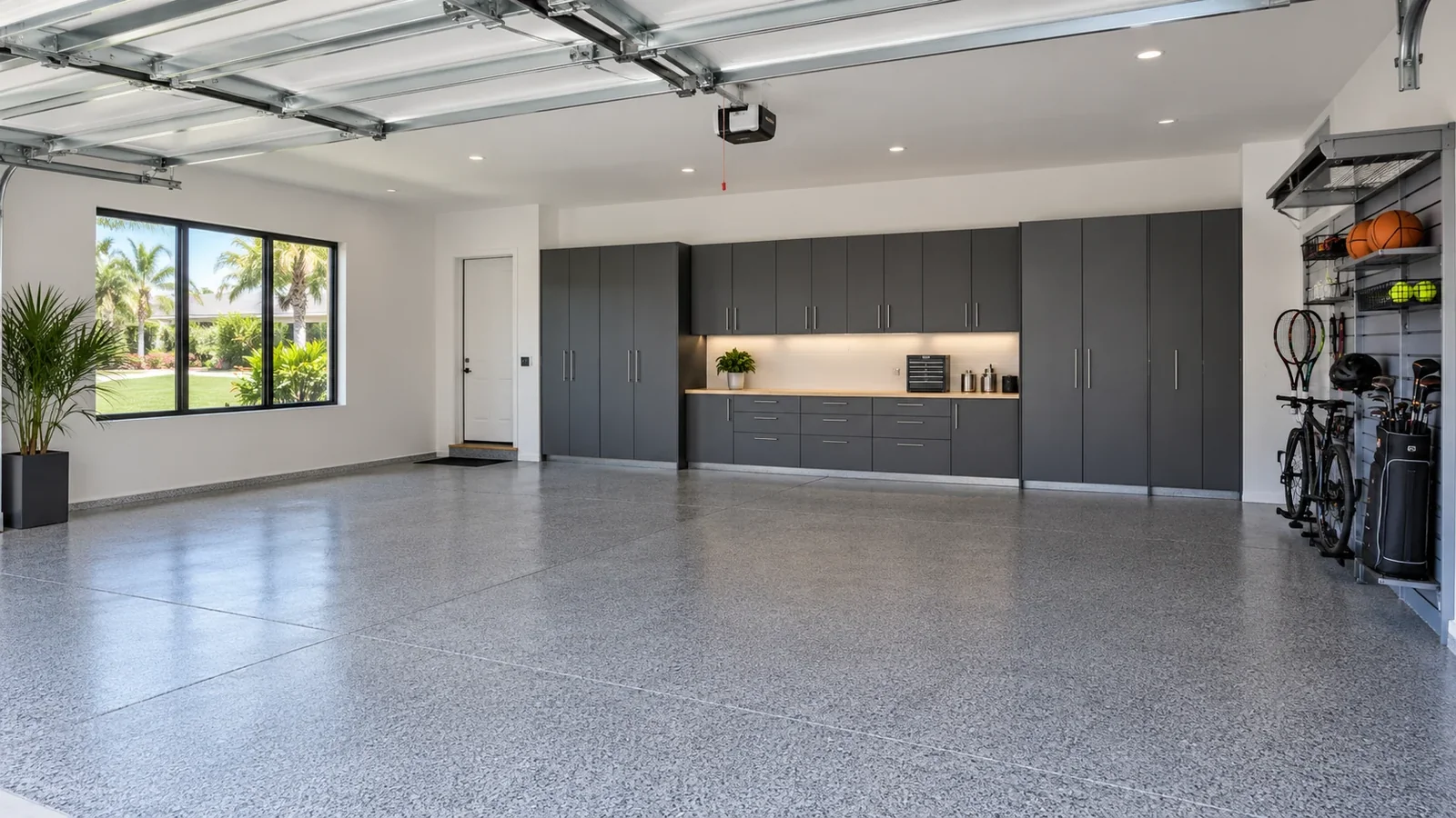 Finished garage combining a flake floor, cabinets, gear storage and work area