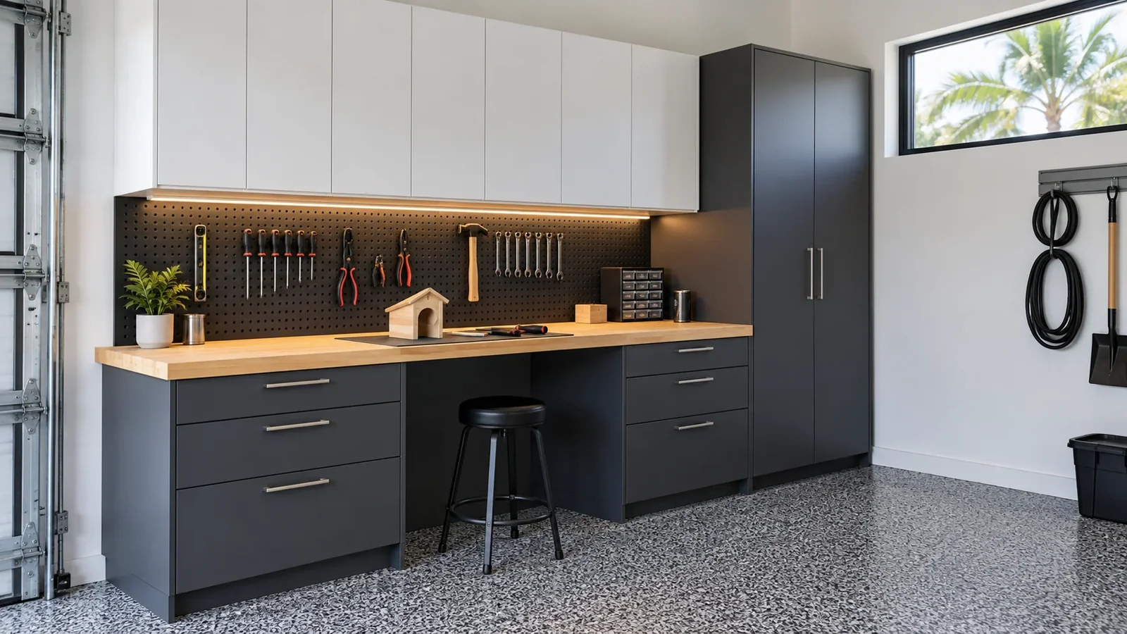 Closer view of a coordinated garage workbench and storage zone