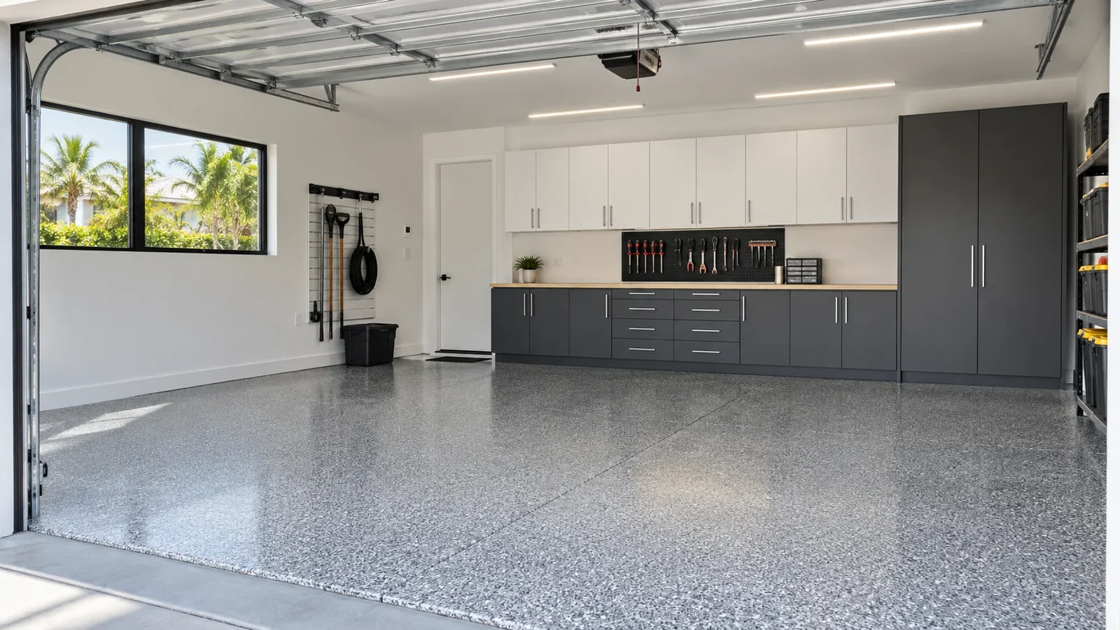 Finished garage combining a flake floor, cabinets, gear storage and work area