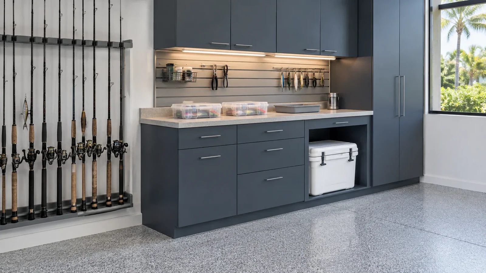 Closer view of a coordinated garage workbench and storage zone