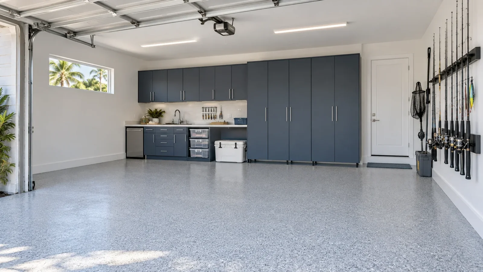 Finished garage combining a flake floor, cabinets, gear storage and work area