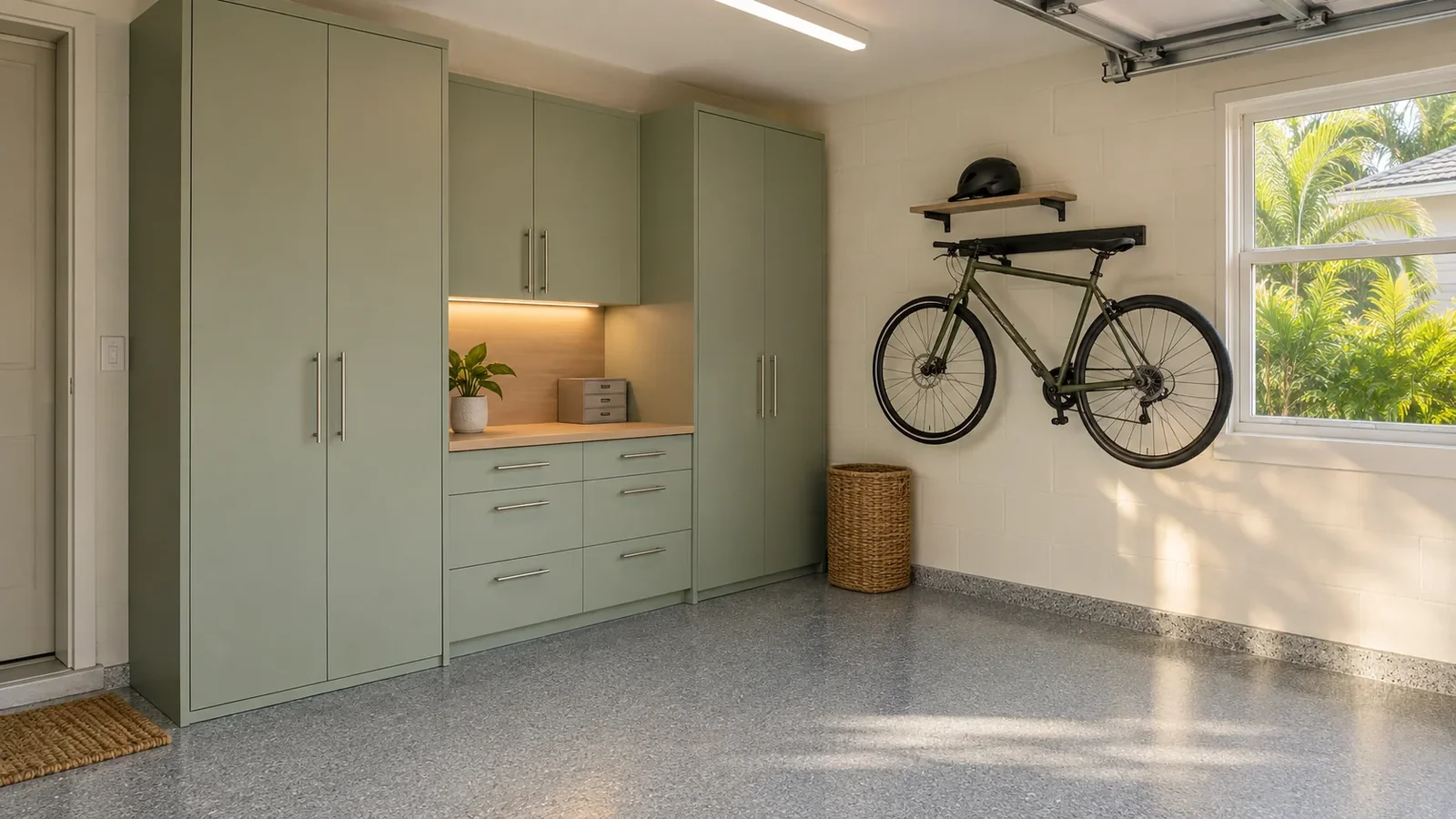 Closer view of a coordinated garage workbench and storage zone
