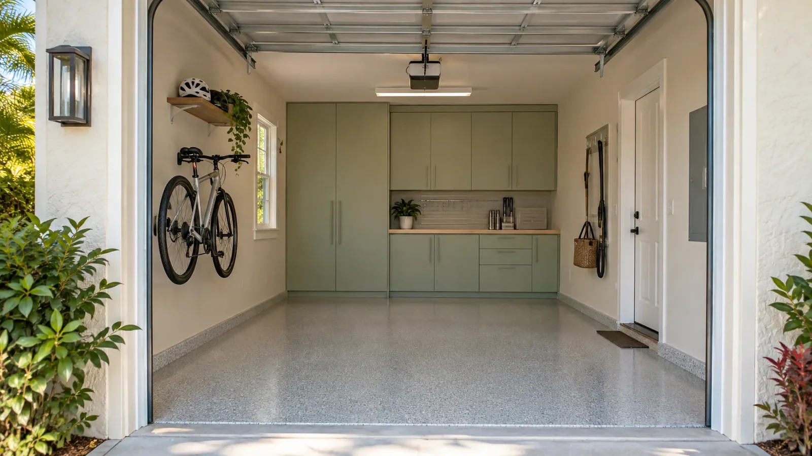 Finished garage combining a flake floor, cabinets, gear storage and work area