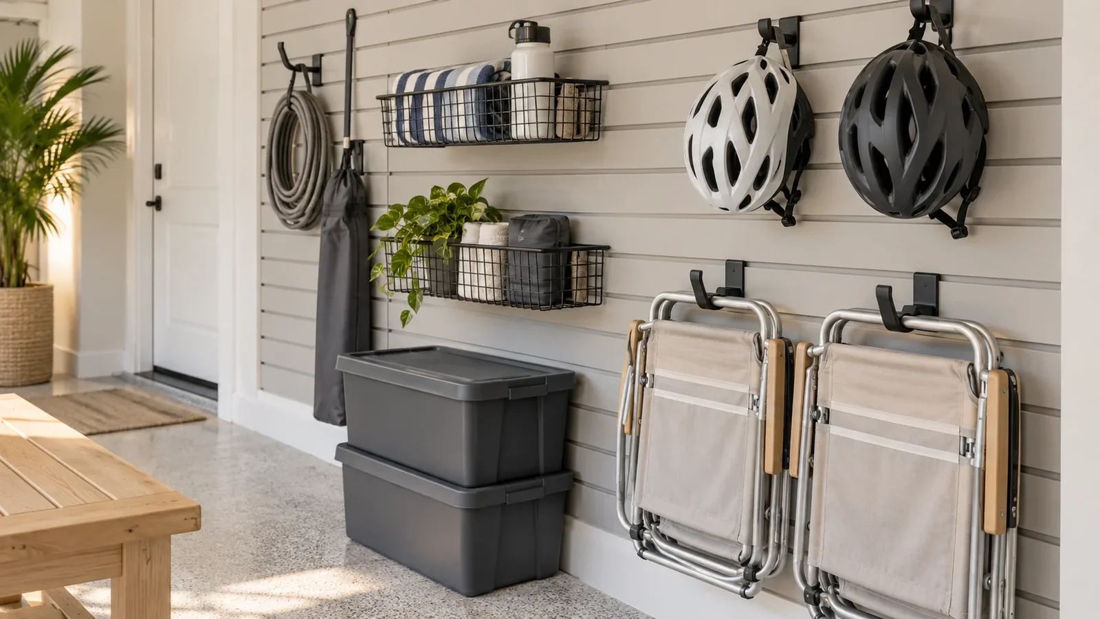 Garage storage wall with neatly arranged hooks, baskets and outdoor equipment