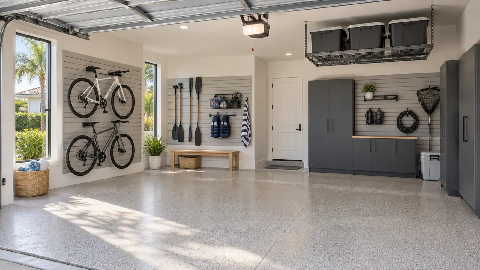 Organized Florida garage with bicycles, wall storage and a clear parking area