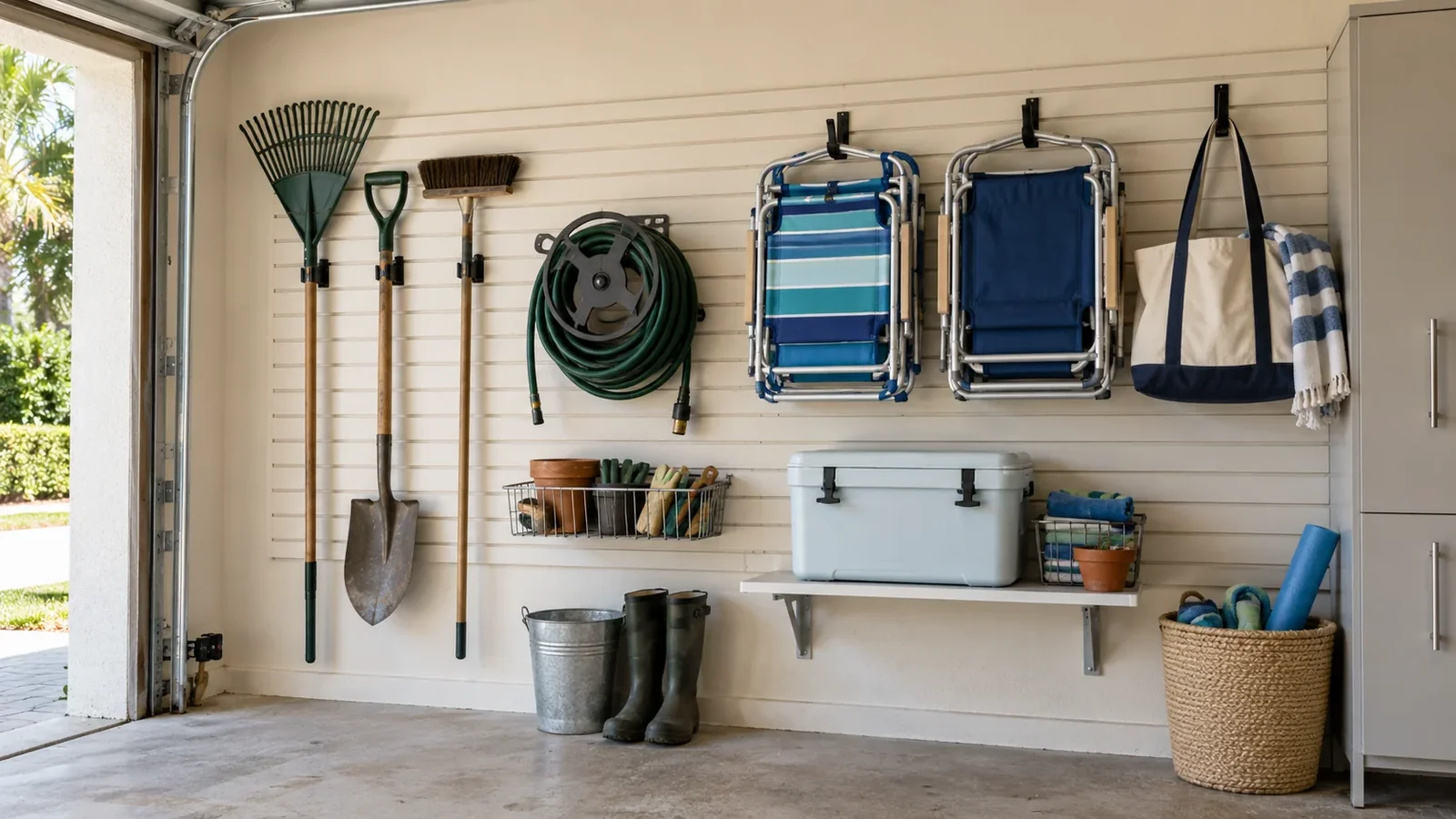 Close view of supported wall storage arranged around everyday equipment