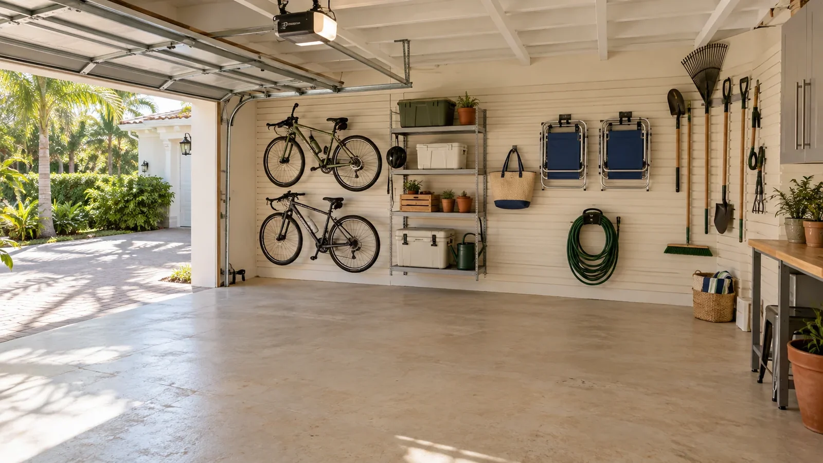Organized garage with wall-mounted equipment and clear parking space