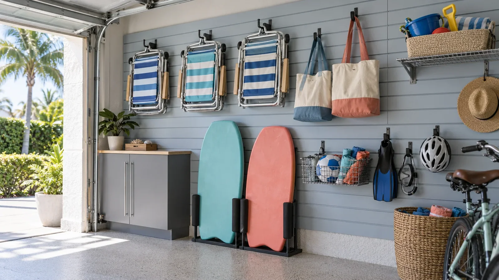Close view of supported wall storage arranged around everyday equipment