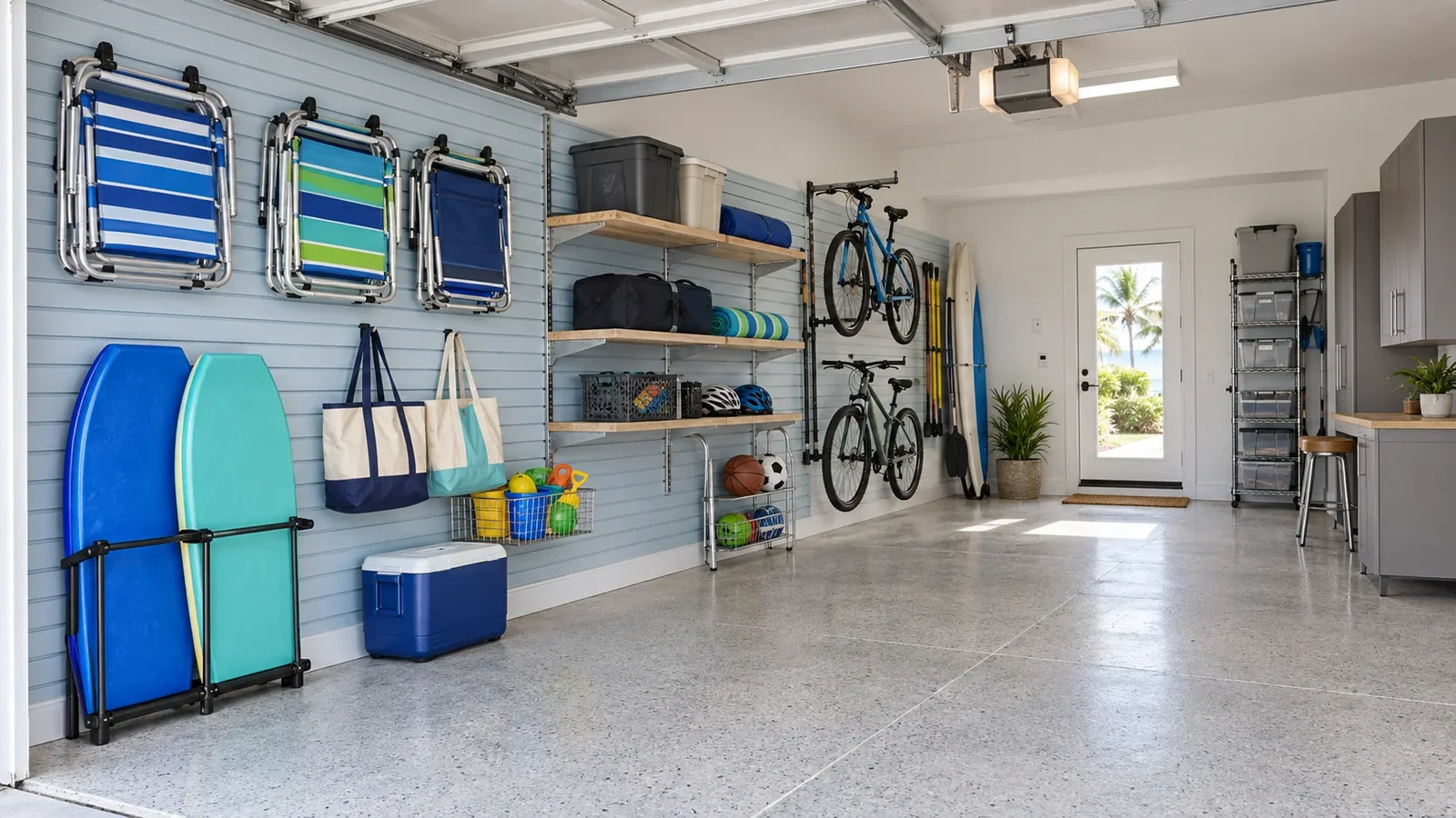 Organized garage with wall-mounted equipment and clear parking space
