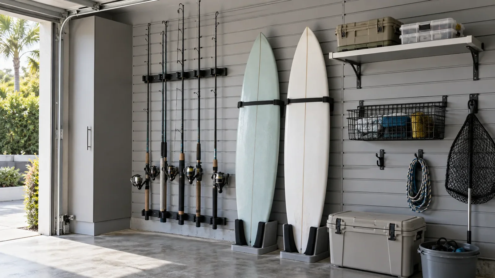 Close view of supported wall storage arranged around everyday equipment