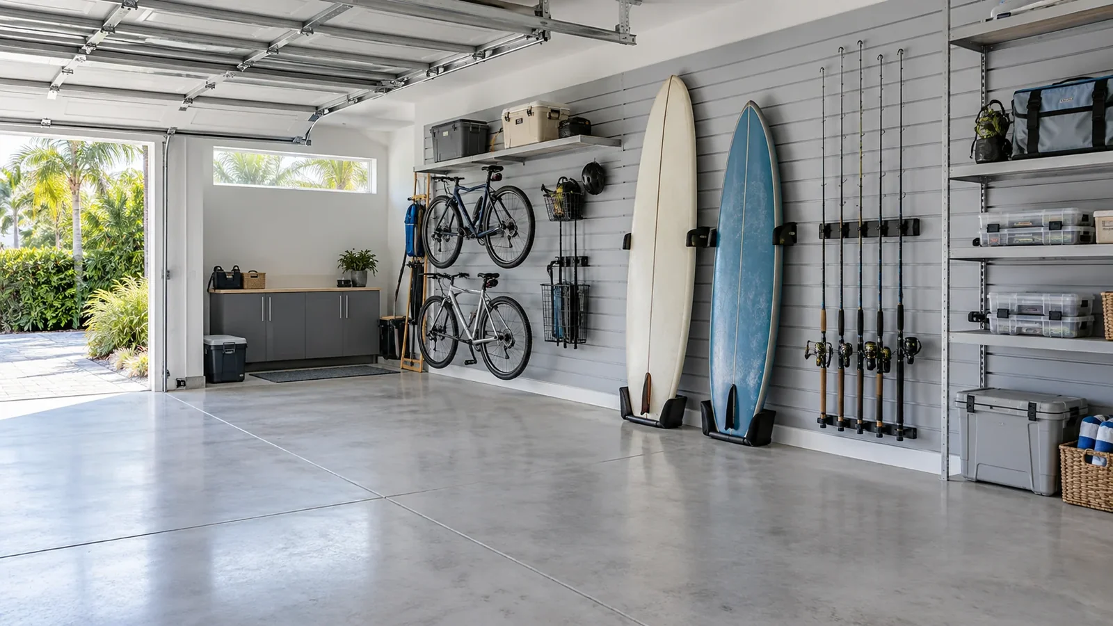 Organized garage with wall-mounted equipment and clear parking space