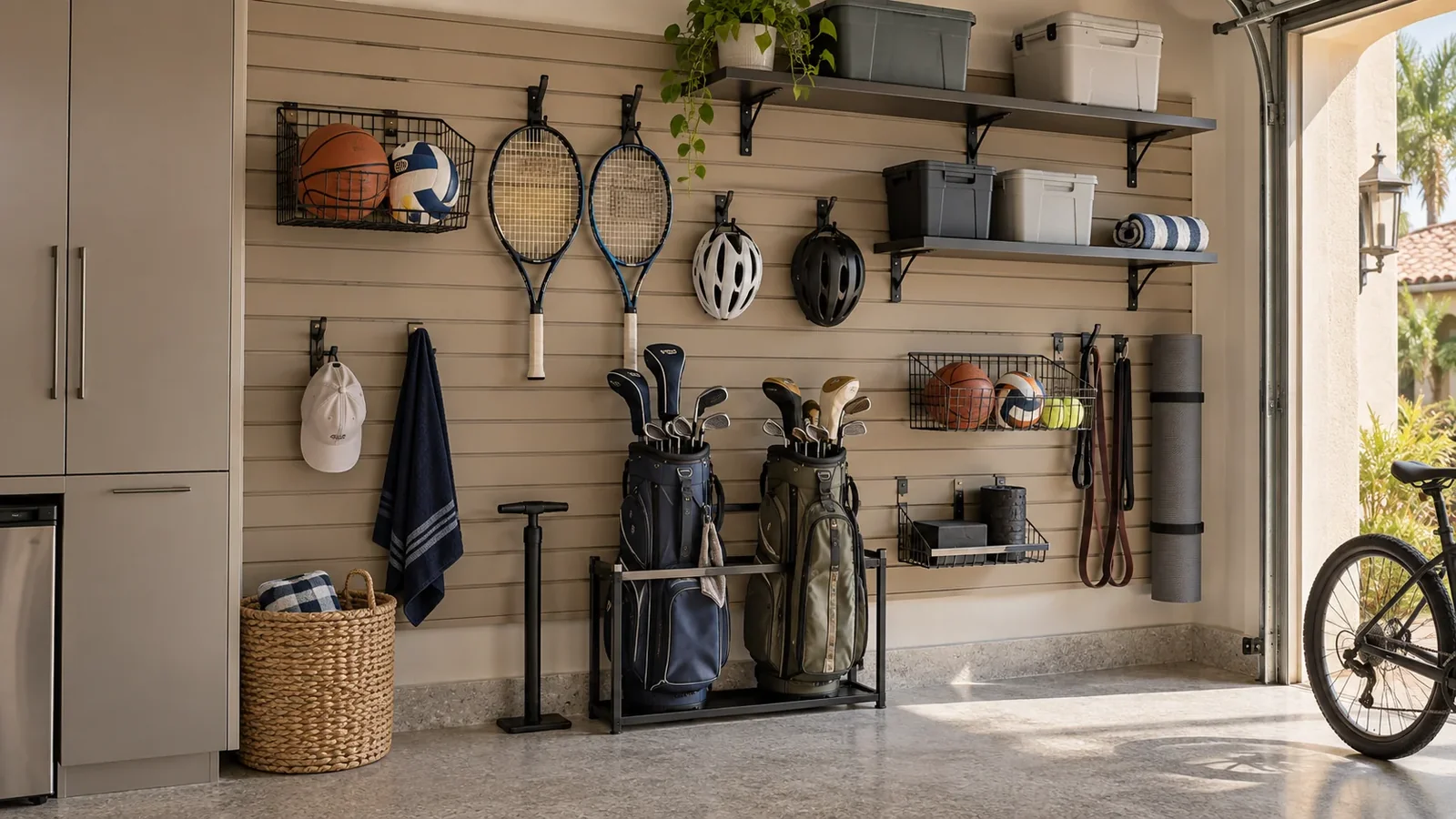 Close view of supported wall storage arranged around everyday equipment
