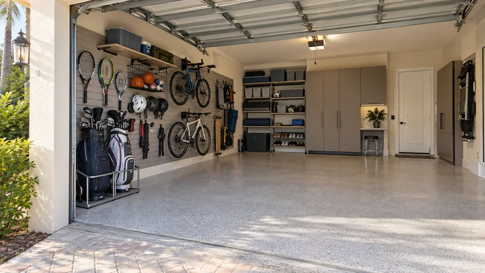 Organized garage with wall-mounted equipment and clear parking space