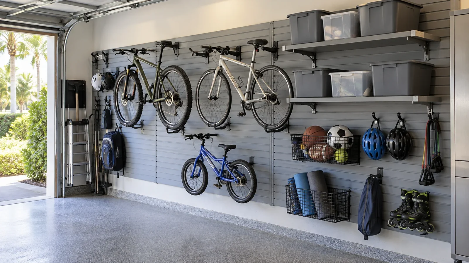Close view of supported wall storage arranged around everyday equipment