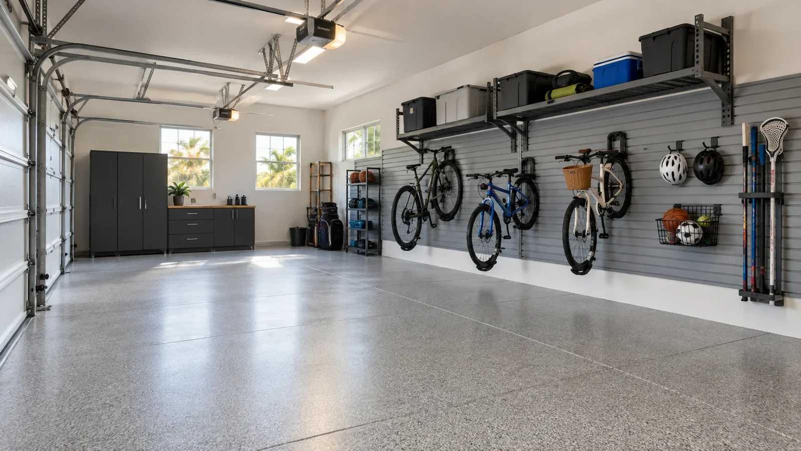 Organized garage with wall-mounted equipment and clear parking space