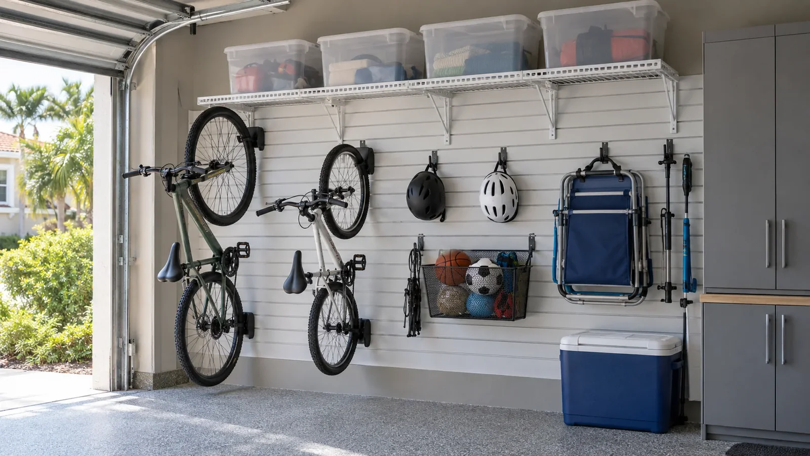 Close view of supported wall storage arranged around everyday equipment