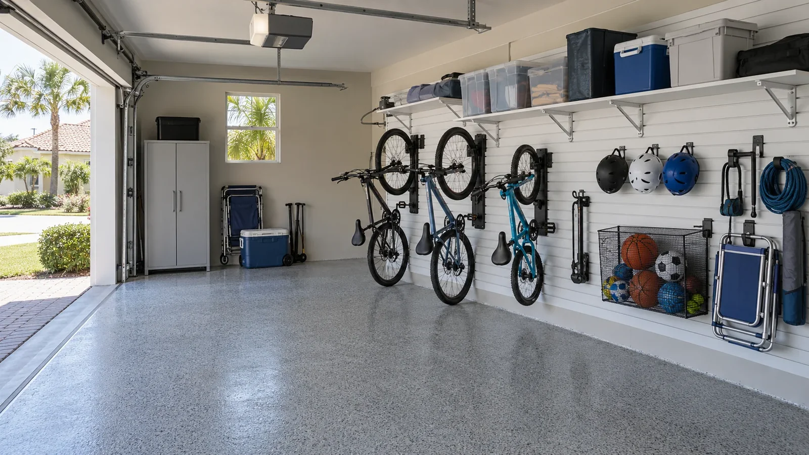 Organized garage with wall-mounted equipment and clear parking space
