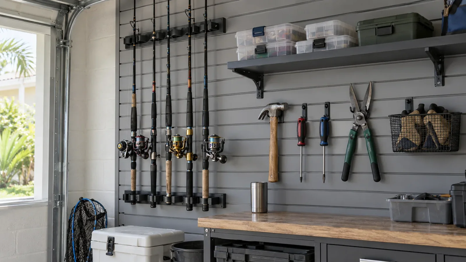 Close view of supported wall storage arranged around everyday equipment