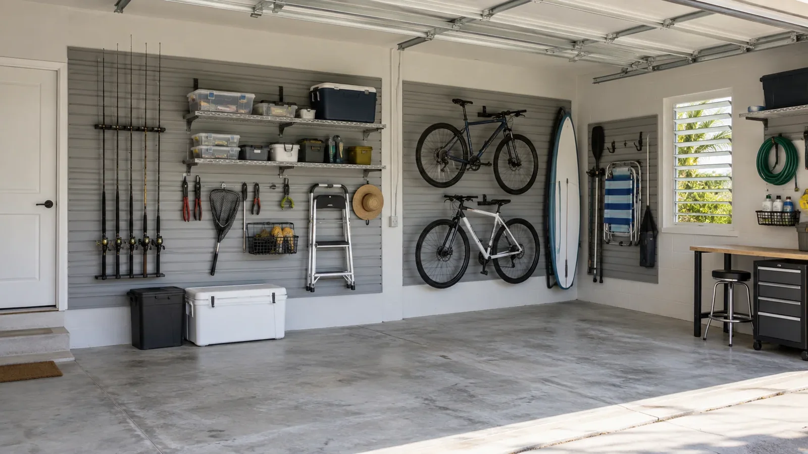 Organized garage with wall-mounted equipment and clear parking space