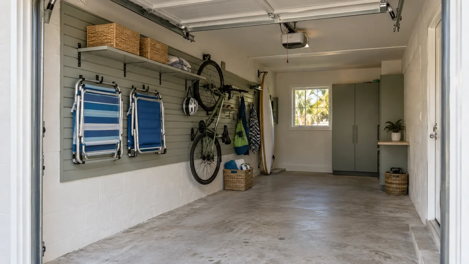 Organized garage with wall-mounted equipment and clear parking space