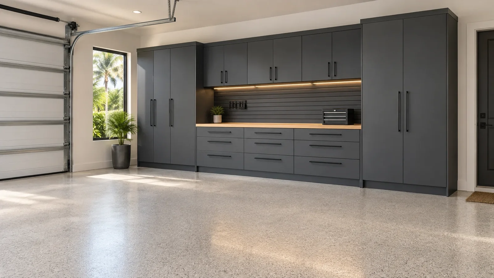 Graphite garage cabinets with tall storage, drawers and a pale wood workbench