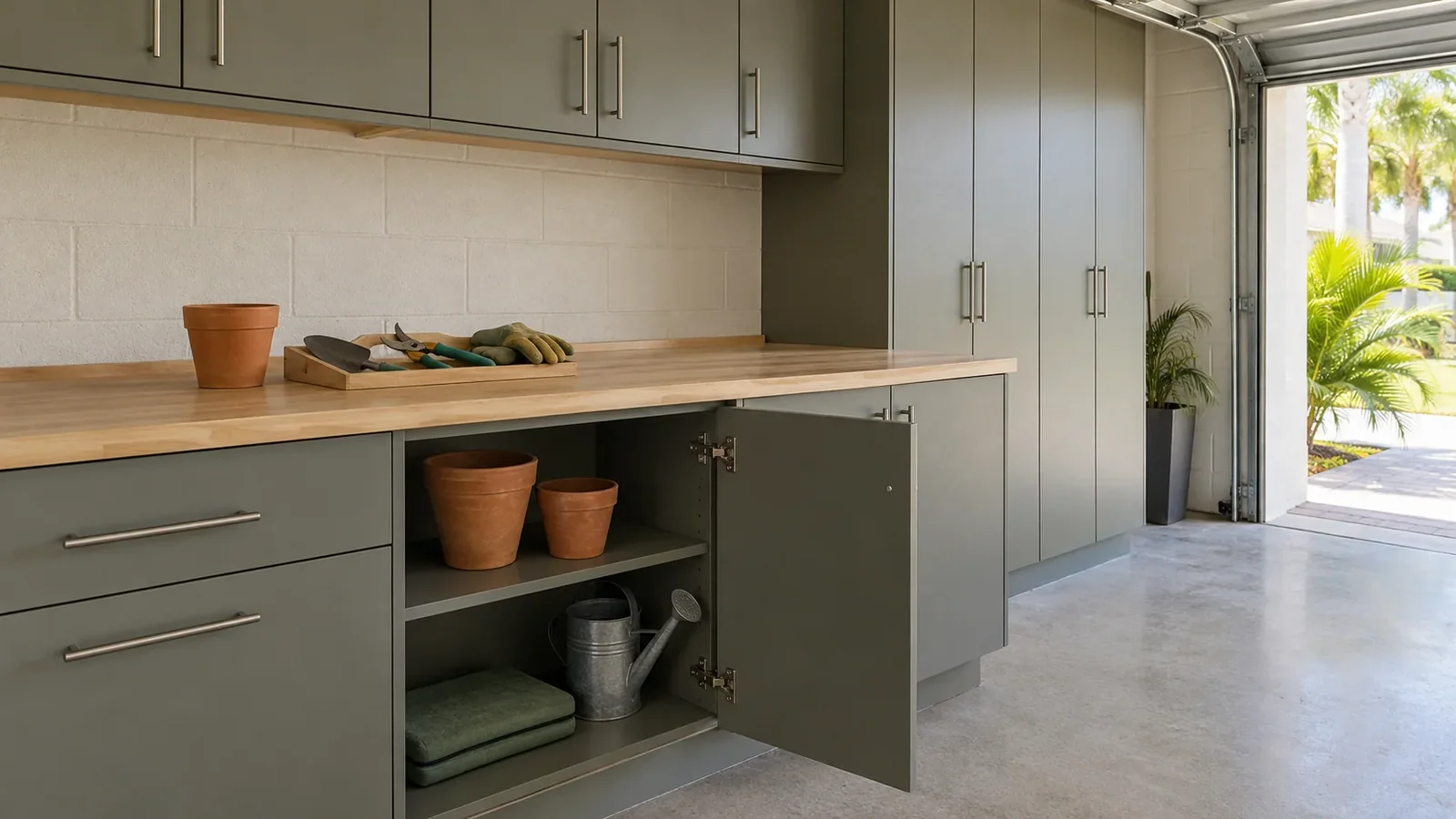 Closer view of organized cabinet storage and a practical garage work surface