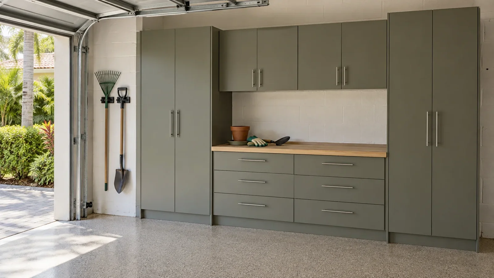 Garage cabinet wall with enclosed storage and a usable workbench