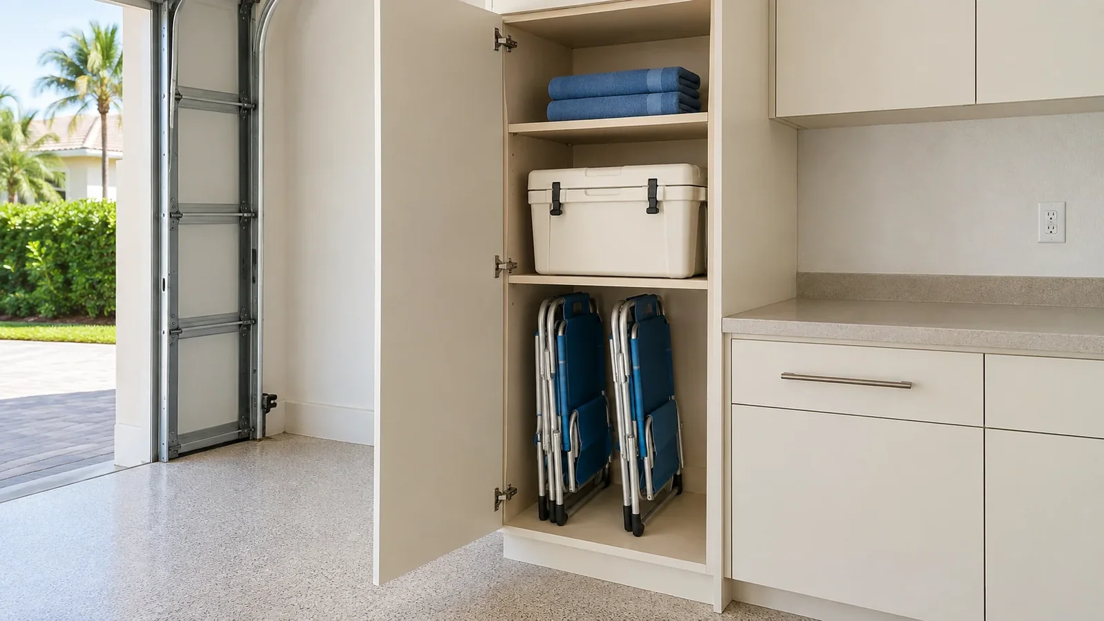 Closer view of organized cabinet storage and a practical garage work surface